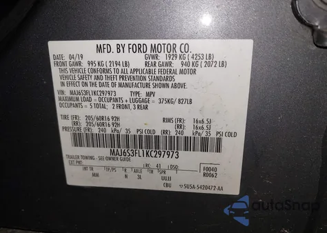 2019 Ford Ecosport S z USA, uszkodzony, nr VIN MAJ6S3FL1KC297973